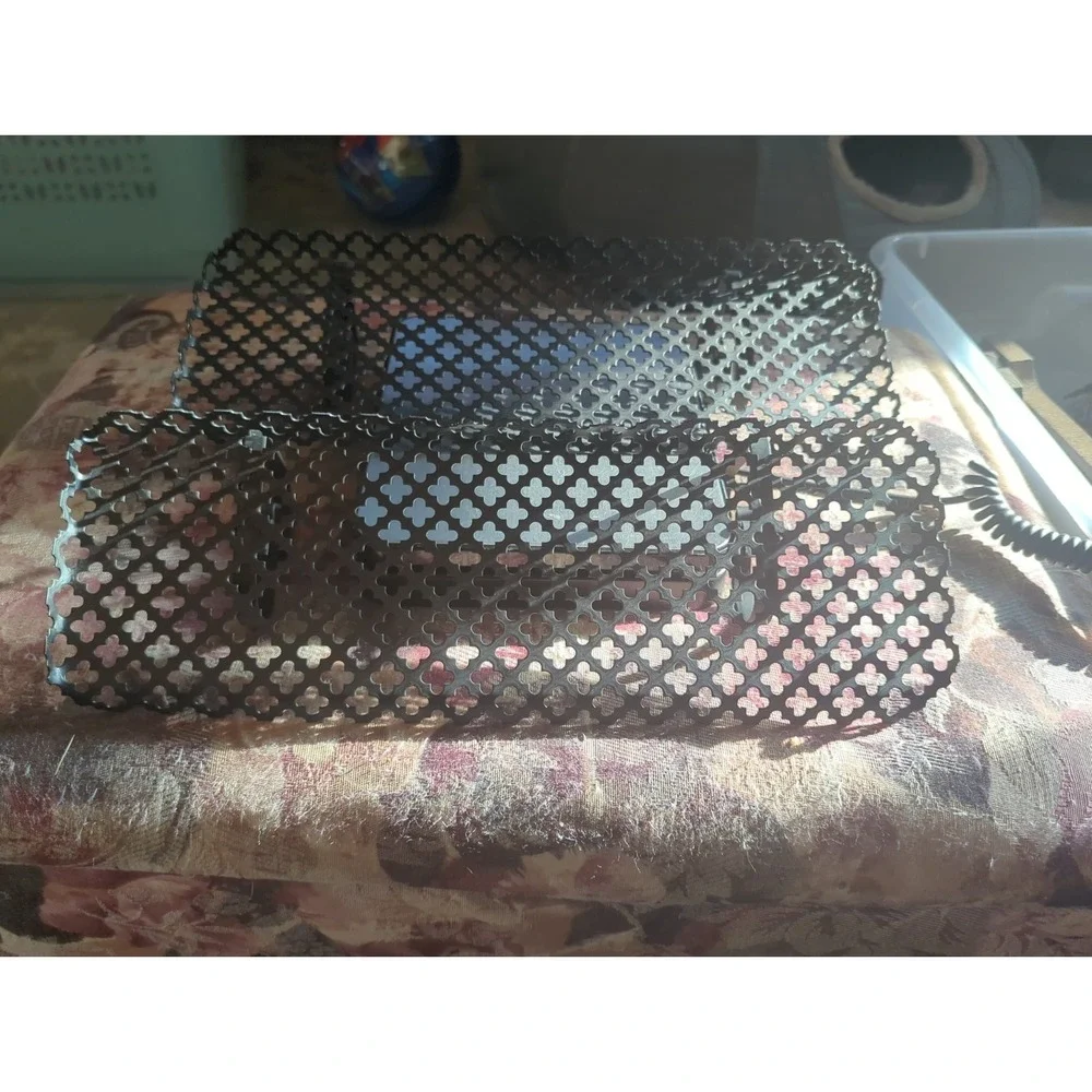 2 Vintage Black Metal Mesh Wall Shelves MCM Filigree Stamp Cut